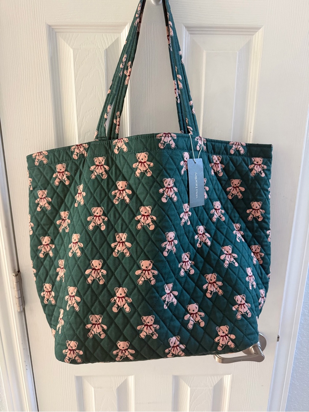 Vera Bradley Quilted Dark Green Tote with Pink Teddy Print